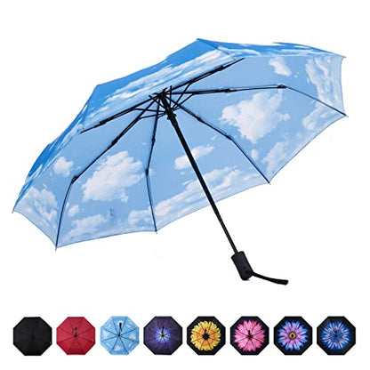 SY COMPACT Travel Umbrella - Windproof Automatic Compact Umbrella for Rain, Lightest 8-Rib, Small, Strong & Portable, Durable Grip, Fits Backpack & Car, Factory Direct (UV Available) - color: Blue