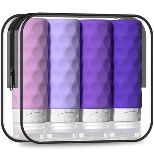 Silevoler Travel Bottles for Toiletries, 4pcs Tsa Approved 3oz Travel Size Containers, BPA Free Leak Proof Premium Silicone Bottles, Refillable Liquid Squeezable Accessories W/Toiletry Bag(Purple) - color: Purple