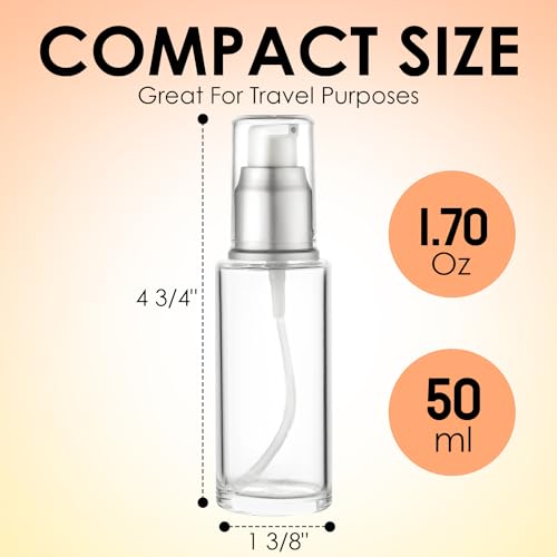 VitalUp 1.7 Oz 50ml Refillable Luxury Clear Glass Lotion Travel Pump Bottle with Silver Cap for Cosmetics, Lotion, Body Cream, Sanitizers, Cream, Foundation (Pack of 2) - size: 50 ml (2 Pack)