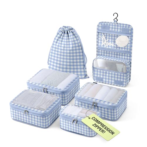 Vandel Space-Saving Compression Packing Cubes for Women with Hanging Toiletry Bag, Laundry Bag, Compressible Carry On Suit Case Organizer Luggage Packing Cubes for Travel Compression Organizer Bags - color: 1. Blue Gingham, size: Deluxe Set (4 Cubes + Toi