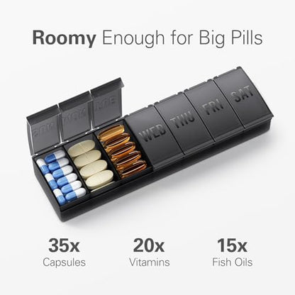 Barhon Pill Organizer Large, Weekly Medicine Pill Organizers, 7 Day Pills Box Case Travel for Big Vitamin Supplements Fish Oil, Black - color: Black