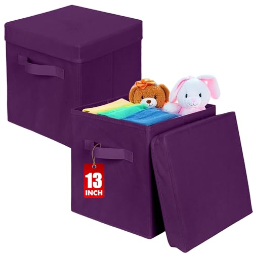 ShellKingdom Storage Bins, Foldable Fabric Storage Cubes with Lid, Clothes Storage Organizer Drawer For Closet Toys Storage, 13 X 13 X 13 INCH, 2 Pack (Purple) - color: Purple, size: 13 inch (2 Pack)