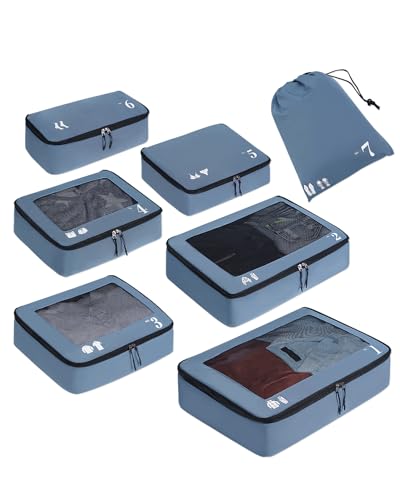 ECOHUB 7 Set Packing Cubes Tear-Resistant Luggage Packing Organizers with Number Icon for Travel Accessories Luggage Suitcase Machine Washable Packing Cubes (Blue) - color: Blue, size: 7 Set Packing Cubes