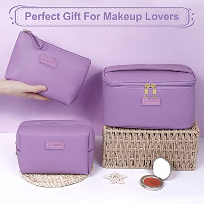 MAANGE Travel Makeup Bag - Large Makeup Bag with 2pcs Small Makeup Bag Portable Leather Cosmetic Bag Toiletry Bag Make Up Bags for Women and Girls (Purple) - color: Purple
