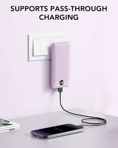 VRURC Portable Charger Built-in Cables and AC Wall Plug,USB C Power Bank 10000mAh, Travel Essentials Phone Charger Compact Lightweight External Battery Pack for Smart Phones, Tablets etc (Purple) - color: Purple