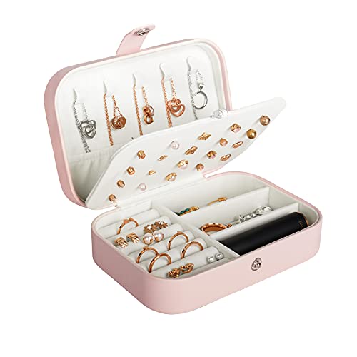 Hatori Travel Jewelry Box, PU Leather Small Jewelry Organizer for Women Girls, Double Layer Portable Mini Travel Case Display Storage Holder Boxes for Stud Earrings, Rings (Pink) - color: Pink