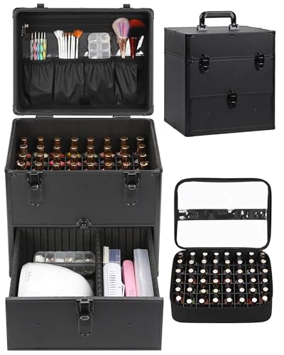 Professional Nail Polish Organizer & Storage Case, Double Layer Travel Nail Supplies Container Holds 96 Bottles & Full Size Nail Lamp, Multi-functional Aluminum Box for Nail Tech, Tattoo & Makeup