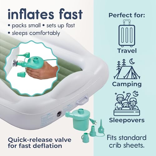Hiccapop Inflatable Toddler Travel Bed with Safety Bumpers [4-Sided], Portable Toddler Bed for Kids, Toddler Air Mattress, Kids Air Mattress - Sage Green - color: Sage Green