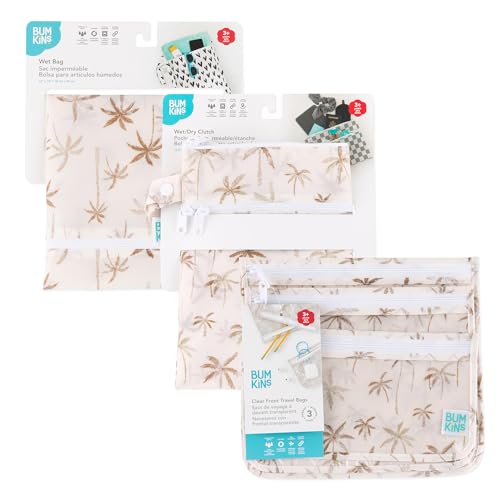 Bumkins - Waterproof Wet Bag, Wet/Dry Clutch & Clear Travel Bags - For Beach, Baby, Travel, Cloth Diapers, Pump Parts, Pool, Gym, Toiletries - Reusable & Easy to Clean - Palm Trees - 5 Pack - color: A2 Palm Trees 5pc