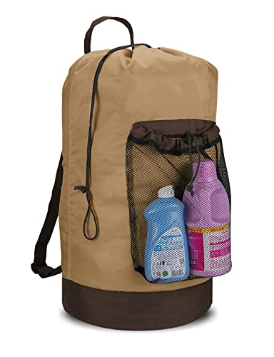 Dalykate Backpack Laundry Bag, Laundry Backpack with Shoulder Straps and Mesh Pocket Durable Nylon Clothes Hamper Bag with Drawstring Closure for College, Travel, Laundromat, Apartment - color: Golden Brown