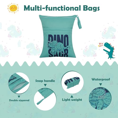 ALVABABY 3pcs Cloth Diaper Wet Dry Bags Waterproof Reusable with Two Zippered Pockets Travel Beach Pool Daycare Soiled Baby Items Yoga Gym Bag for Swimsuits or Wet Clothes 3L-ZM24A - color: Dinosaurs 24