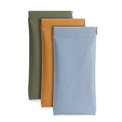 3 Pack Leather Eyeglasses Cases PU Soft Sunglasses Pouch Squeeze Top Portable Glasses Cases for Men Women - color: Yellow Blue Green