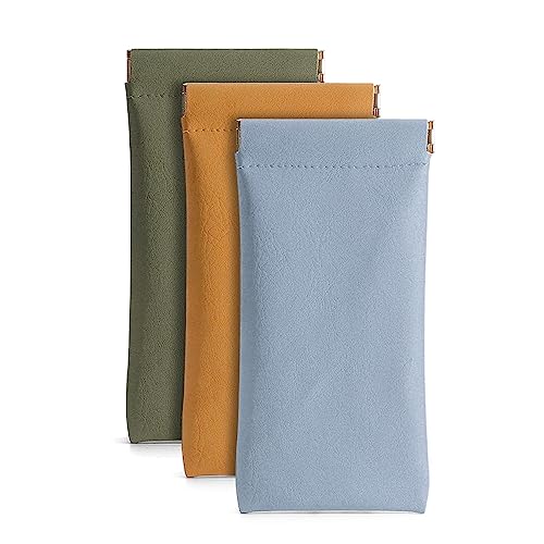 3 Pack Leather Eyeglasses Cases PU Soft Sunglasses Pouch Squeeze Top Portable Glasses Cases for Men Women - color: Yellow Blue Green