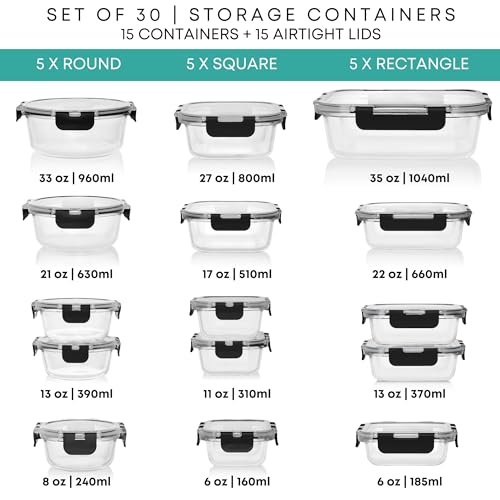 Razab 30 PC Glass Food Storage Containers with Lids - Reusable Glass Meal Prep Containers for Lunch and Leftovers - Airtight & Leakproof Snap Locking Lids - Oven, Freezer, Microwave, Dishwasher Safe - color: Black