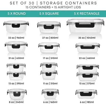 Razab 30 PC Glass Food Storage Containers with Lids - Reusable Glass Meal Prep Containers for Lunch and Leftovers - Airtight & Leakproof Snap Locking Lids - Oven, Freezer, Microwave, Dishwasher Safe - color: Black