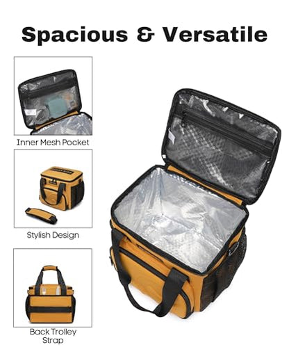 SUNNY BIRD 12L Large Insulated Lunch Bag, Leakproof and Foldable Lunch Cooler Box for Women Adult and Men, Fits 18 Cans (Ochre 01) - color: Ochre 01