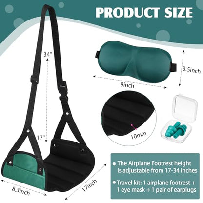 Yerliker Airplane Foot Hammock(Memory Foam) with Earplugs and Eye Mask Travel Necessities Adjustable Airplane Desk Foot Rest for Long Trip Pain and Swelling Relief(Green) - color: Green