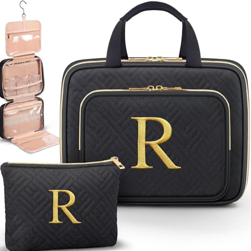 Gifts for Women, Initial Toiletry Makeup Bag Hanging Cosmetic Organizer with Embroidery Letter Personalized Nurse Teacher Appreciation Birthday Mothers Day Gifts for Mom Sister Wife Friends Auntie Her - style: R