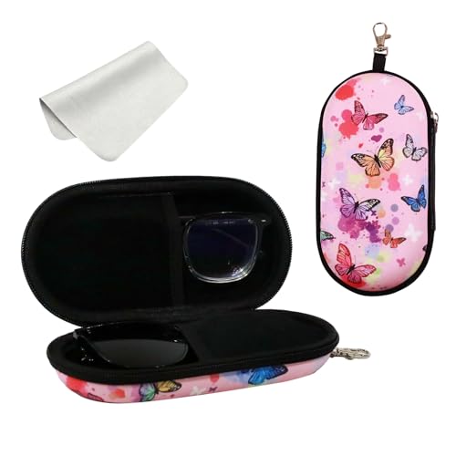 Double Eyeglasses Case, Hard Shell Dual Sunglasses Organizer with Zipper Clip Travel Glasses Storage for Women Men - color: Pink Butterfly