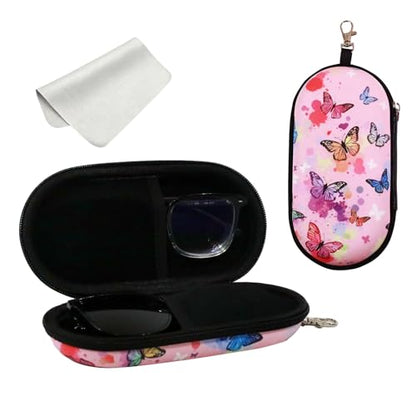 Double Eyeglasses Case, Hard Shell Dual Sunglasses Organizer with Zipper Clip Travel Glasses Storage for Women Men - color: Pink Butterfly