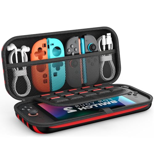 MoKo Carrying Case for Nintendo Switch 2(2025), Protective Hard Shell Portable Travel Carry Case Pouch holds 10 Cartridges with Pockets for Switch 2 Accessories and Games, Red Stripes - color: red stripes