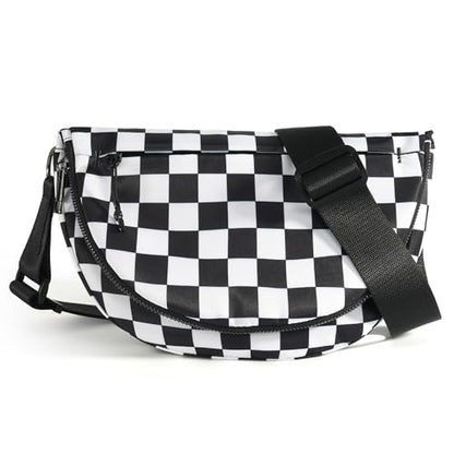 Crescent Bag for Women and Men, Fashion Medium Nylon Folding Crescent Moon Bag Single Shoulder Bag with Adjustable Strap - color: Crossbody bag- Black White Checkered