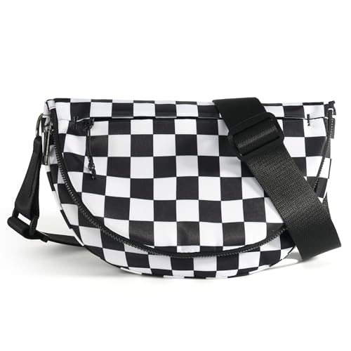 Crescent Bag for Women and Men, Fashion Medium Nylon Folding Crescent Moon Bag Single Shoulder Bag with Adjustable Strap - color: Crossbody bag- Black White Checkered