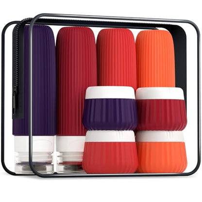 Mrsdry Travel Bottles for Toiletries 8 Pack, TSA Approved 3 oz Travel Containers, Clear Bag, Leak Proof Silicone Squeezable Jars - color: Dark Red, size: Bottle 3oz Jars 1oz