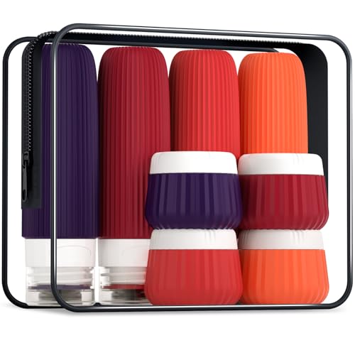 Mrsdry Travel Bottles for Toiletries 8 Pack, TSA Approved 3 oz Travel Containers, Clear Bag, Leak Proof Silicone Squeezable Jars - color: Dark Red, size: Bottle 3oz Jars 1oz