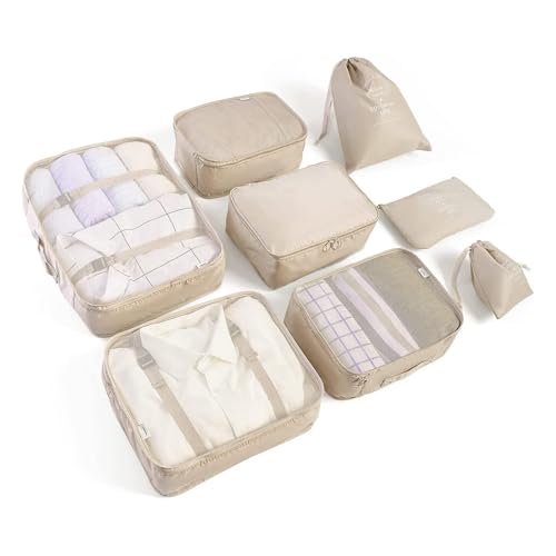 LANSKLBD 8 Set Packing Cubes for Suitcases Travel Luggage Packing Organizers,Travel Accessories Essentials Luggage Organizer with Shoe/Tioletry/Laundry Bag - color: Beige, size: 8 set