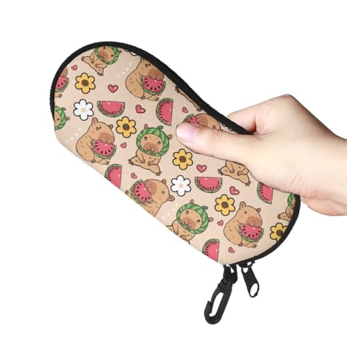 AFPANQZ Glasses Case with Carabiner Hanging Portable Neoprene Zipper Sunglasses Case Soft Lightweight - color: Capybara Watermelon