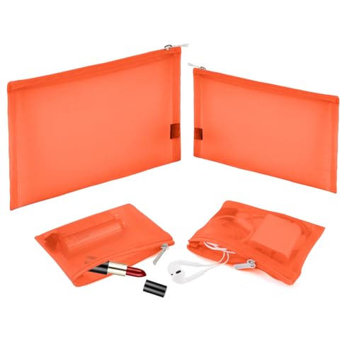 EASYFUN Mesh Pouch, Make up Bag with Zipper Cosmetic Organizer Pouch for Daily or Travel to Keep Small Items, 4 PCS Orange - color: Orange