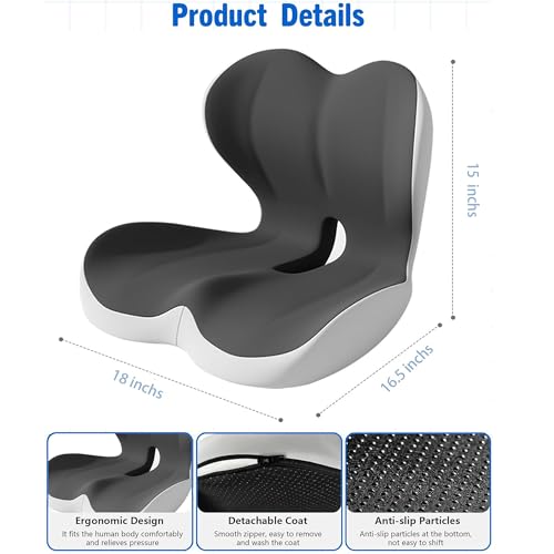 L-Shaped Seat Cushion for Long Sitting,Memory Foam Ergonomic Back Support Driving Seat Cushion for Back Pain,Non-Slip Design for Car, Truck, Home Chair & Office Seat (Black Gray)