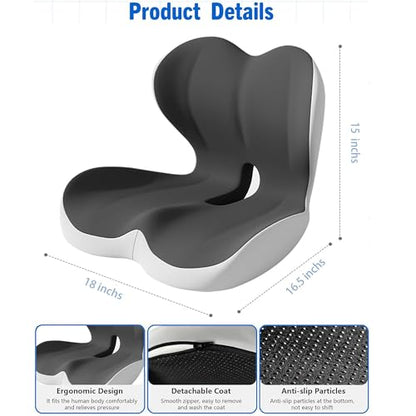 L-Shaped Seat Cushion for Long Sitting,Memory Foam Ergonomic Back Support Driving Seat Cushion for Back Pain,Non-Slip Design for Car, Truck, Home Chair & Office Seat (Black Gray)