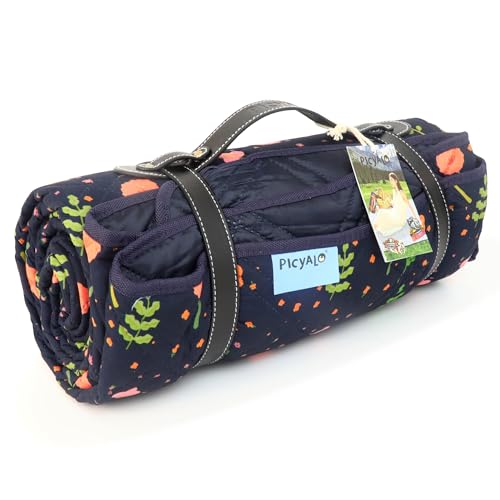 80x80” Double Thickened Picnic Blankets(150g High Density Cotton Stuffed) Navy Blue Floral Pattern Outdoor Picnic Mat Portable Picnic Blanket Foldable with Leather Carry Strap Beach Blanket - color: Blue Floral, size: 80"x80"