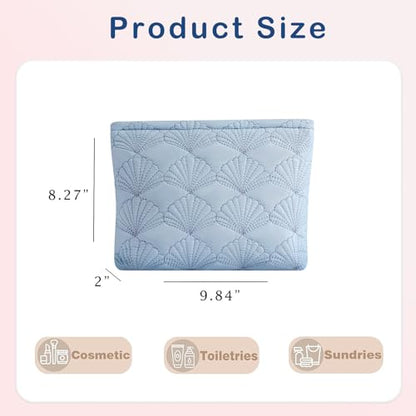 uekeboag White Quilted Cotton Makeup Pouch,Coquette Quilted Toiletry Bag for Women and Girls, Floral Coquette Organizer Bag, Aesthetic Travel Cosmetic Bags(LightBlue Shell) - color: LightBlue Shell