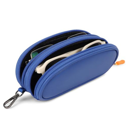 Double Eyeglasses Case Soft Portable Zipper Sunglasses Pouch with Keychain Clip for Men Women - color: Blue Pu
