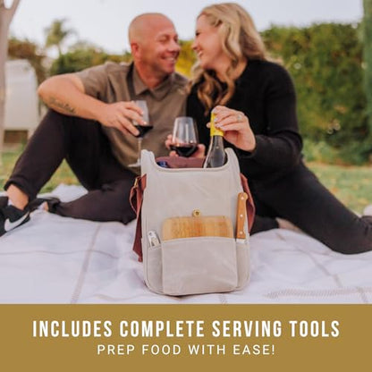 Picnic TIME 2 Bottle Insulated Wine Bag with Cheese Board and Knife Set, Wine Picnic Bag, Natural Waxed Canvas Wine Tote, (White) - color: White