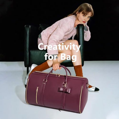 Garment Bags for Travel, Convertible Suit Travel Bag for Women, Cute Carry On Garment Bag w/Shoes Pouch, 2 in 1 Foldable PU Leather Hanging Duffle Bag, Single-Zipper Design, Sangria - color: Red