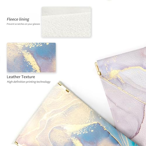 Glasses Case Soft, Eyeglass Cases for Women Portable Squeeze Top PU Leather 2 Pack Glasses Pouch with Cleaning Cloth - color: 2pcs Pink Blue Marble+blue Purple Marble