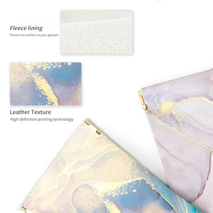 Glasses Case Soft, Eyeglass Cases for Women Portable Squeeze Top PU Leather 2 Pack Glasses Pouch with Cleaning Cloth - color: 2pcs Pink Blue Marble+blue Purple Marble