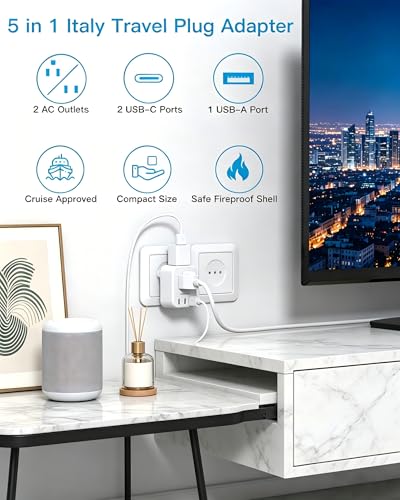 HANYCONY Italy Travel Adapter, Grounded Type L Plug Adapter with 2 AC Outlets 3 USB Ports (2 USB C), US to Italy Power Adapter for Rome, Chile, Uruguay, Ethiopia - Cruise Ship Approved - style: Type L - Italy Chile