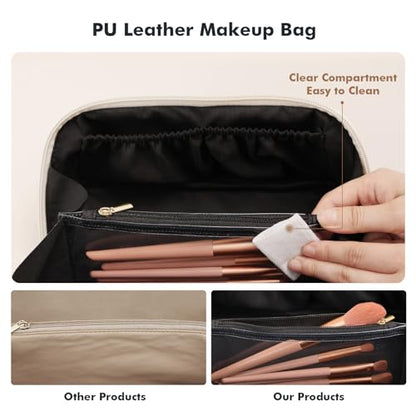 Prite Makeup Bag for Women Travel Waterproof Vegan Leather Cosmetic Bag Open Flat Toiletry Bag With Clear Divider and Handle (Black, Medium) - color: Black, size: Medium