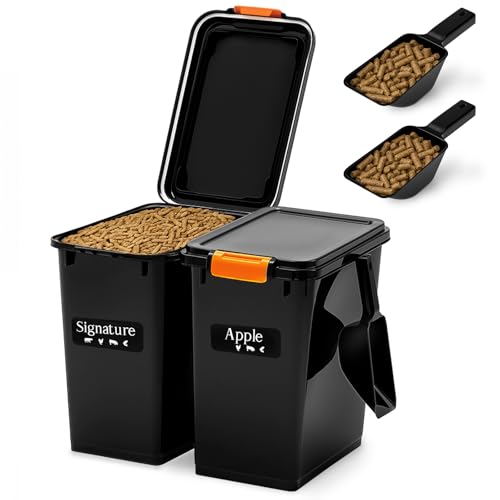 Maxdot 2 Sets 22lb Dry Pellet Storage Bin Pack with Scoops and Labels Grill Accessories Wood Pellet Storage Containers with Flavor Stickers Airtight for Grill Pellets - size: 20 L