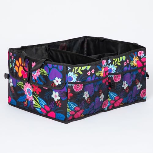 GreaterGood Collapsible Paw Print Car Trunk Organizer with 6 Pockets Truck SUV and Sedan Caddy With Compartment Vehicle Storage Container (Garden of Paws) - color: Garden of Paws