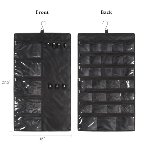 Zilink Hanging Jewelry Organizer for Closet with Zippers Double-Sided Jewelry Holder Organizer Dustproof Jewelry Organizer for Earrings, Necklaces, Rings, Bracelets, Black