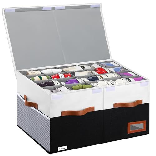 Supowin Shoe Organizer for Closet, Foldable Shoe Storage Bins with Lid & Adjustable Dividers, Fabric Shoe Box Storage Containers with Four Reinforced Handles, Fits 20 Pairs, 1 Pack, Black & White - color: Black & White, size: 26"L x 17"W x 13"H