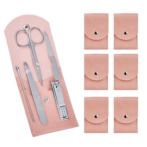 6 Sets Pack Travel Manicure Set Professional Nail Clipper Kit-5 Pieces Stainless Steel Manicure Kit, Women Men Grooming kit With Nail Care Tools Beauty Scissors Tweezers (Silver Pink) - color: Pink-6 sets value pack