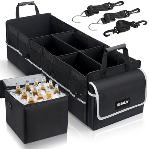 HIRALIY 4 in 1 Car Trunk Storage Organizer with Leakproof Cooler Bag, Made of 1680D Oxford and PP board, Multi-Compartment Foldable Trunk Storage Box for Car Truck SUV - color: Black Thickened