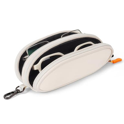 Double Eyeglasses Case Soft Portable Zipper Sunglasses Pouch with Keychain Clip for Men Women - color: Cream Pu